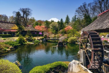 Geleneksel ev güzel bahar bahçe ve Fuji Dağı manzaralı Oshino Hakkai köyden Yamanashi, Japan. Seyahat hedef için mimari peyzaj.
