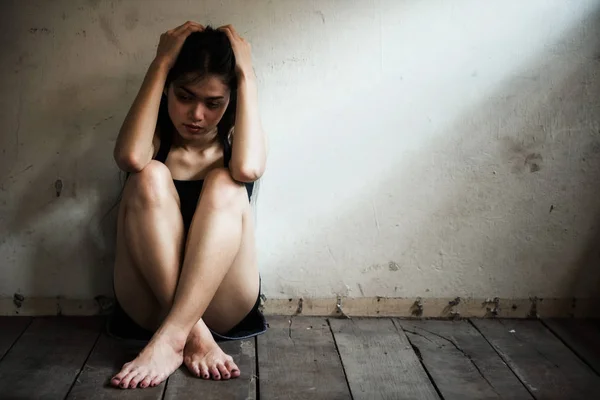 Sad Addicted Asian Woman Sitting Wood Floor Due Drug Need — Stock Photo, Image