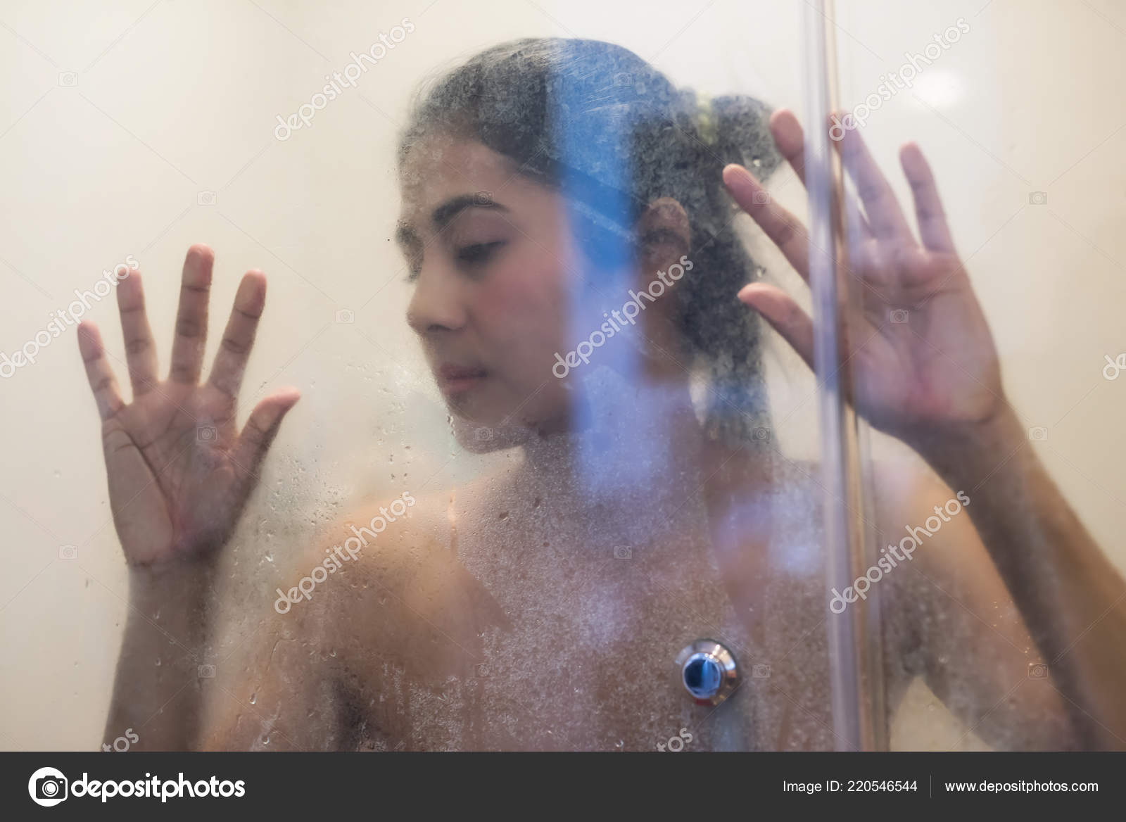 Window Water Drops Sexy Naked Girl Bathroom Relax Woman Taking