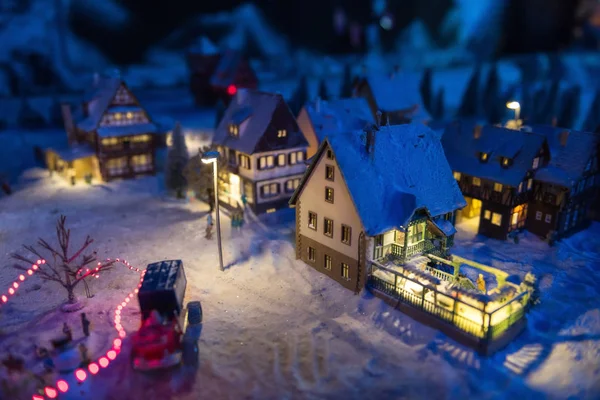 Villaggio Miniatura Europa Con Antiche Case Ricoperte Neve Notte Con — Foto Stock