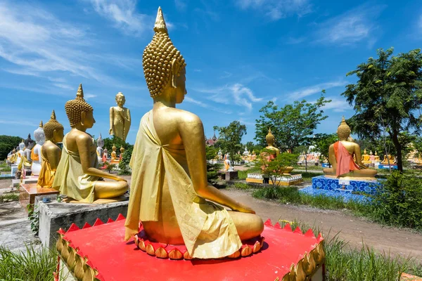 Nombreuses Statues Budddha Dorées Contre Ciel Bleu Wat Phai Rong — Photo