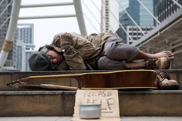 Old Beggar Homeless Dirty Man Sleeping Stair Modern City Guitar — Stock Photo, Image