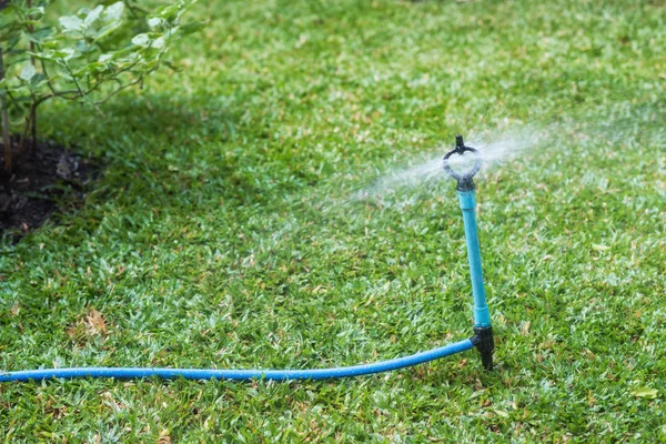 Sprinkle spray water to lawn field — Stock Photo, Image