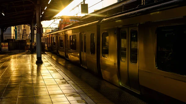 Gün batımında şehirde yerel Tokyo Jr tren — Stok fotoğraf