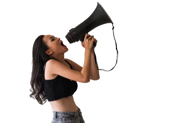 Злая женщина кричит на мегафон — стоковое фото
