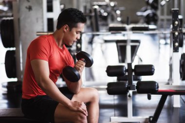 Spor salonunda dumbbell ile spor adam egzersiz