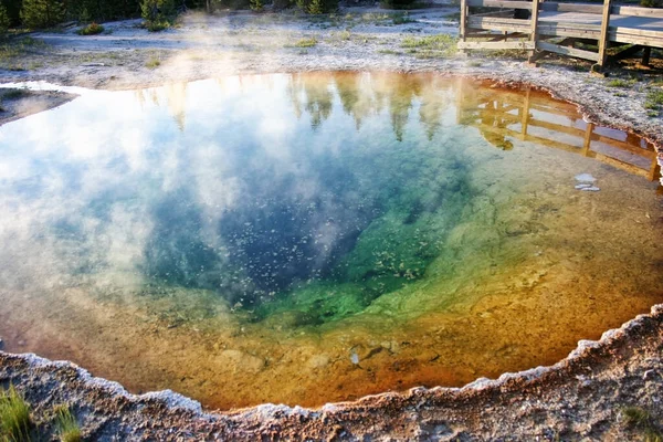 Hot Thermal Spring Morning Glory Pool Sunset Tourist Reflection Water — Stock Photo, Image
