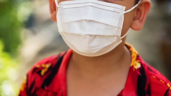 Closeup Asian Boy White Medical Face Mask Red Hawaii Shirt — Stock Photo, Image