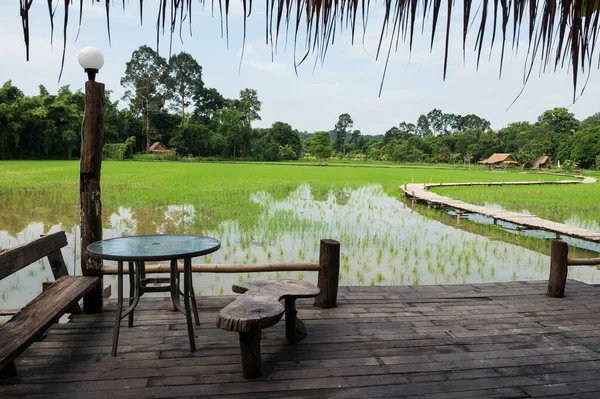 テーブルと席の木製のバルコニー曲線の木製の歩道や農家小屋 ナコンナヨク タイと水田の農場を参照してください Covid 19ロックダウン後の有名な風光明媚な旅行のランドマーク — ストック写真