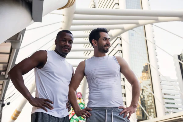 Portrait Young American Black African Friends Relax Running Exercise City — Stock Photo, Image