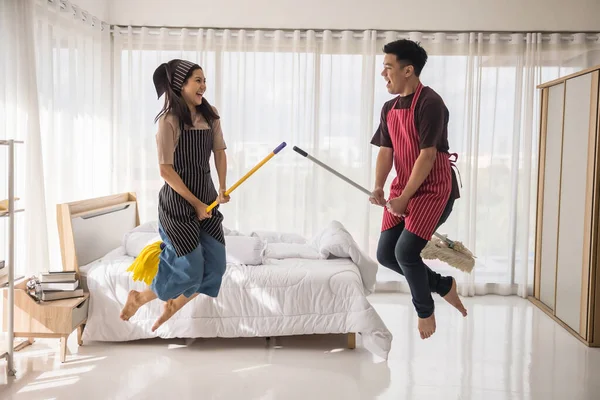Young Asian Smile Husband Wife Have Fun Housework Together Bedroom — Stock Photo, Image