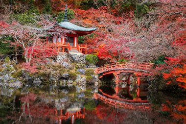 Daigo-ji 'deki Pavilion pagoda ve köprü ya da Diagoji tapınağı. Renkli bir sonbahar yaprağı ve Japonya' nın Kyoto gölünde ufuk çizgisi yansıması var. Turist Kansai 'nin turizm beldesi Aralık ayında zirvede.