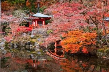 Daigo-ji veya Diagoji tapınağındaki sonbahar yeşillikleri ve Japonya 'nın Kyoto gölünde ufuk çizgisi yansıması olan Pavilion pagoda ve köprü. Turist Kansai 'nin turizm beldesi Aralık ayında zirvede.