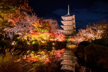 Toji Tapınağı 'nın beş katlı mabedi ve sonbahar bahçesi Japonya' daki Kyoto gölünün ufuk çizgisi yansımasıyla aydınlanıyor. Sonbahar aydınlanması için Kansai 'yi gezmek için seyahat yeri.