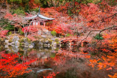 Daigo-ji 'deki Pavilion pagoda ve kırmızı köprü ya da Japonya' daki Kyoto gölünde renkli sonbahar akçaağaç yaprağı ve yansıması olan Diagoji tapınağı. Aralık 'ta Kansai' ye varış noktası belirlendi..