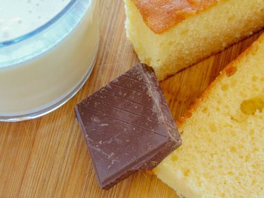 Çikolatalı süt ve iki parça bisküvi.