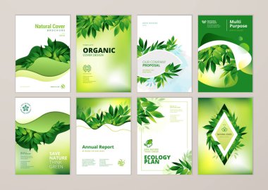 Broşür ve doğa, çevre ve organik ürünler konusunda yıllık raporu kapak tasarım şablonları kümesi. El ilanı düzen, pazarlama malzeme, dergiler, sunumlar için vektör çizimler