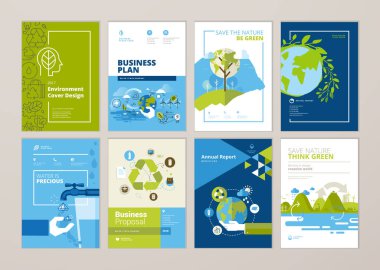 Set of brochure and annual report cover design templates of nature, green technology, renewable energy, sustainable development, environment. Vector illustrations for flyer layout, marketing material. clipart