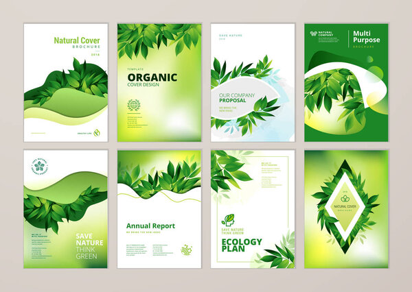 Набор брошюр и ежегодный отчет охватывают шаблоны дизайна на тему природы, окружающей среды и органических продуктов. Векторные иллюстрации для оформления листовок, маркетинговых материалов, журналов, презентаций
