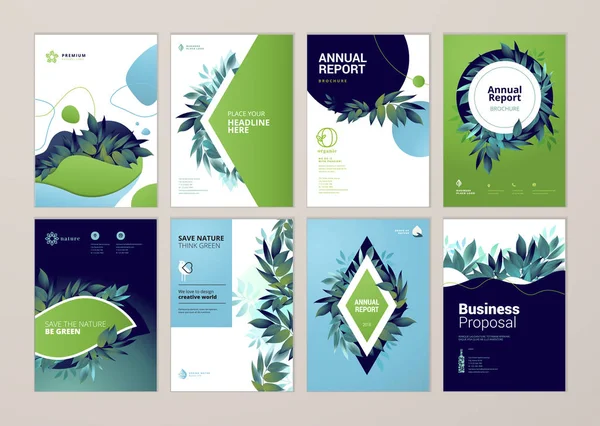 Conjunto Brochuras Relatórios Anuais Abrange Modelos Concepção Sobre Natureza Ambiente —  Vetores de Stock
