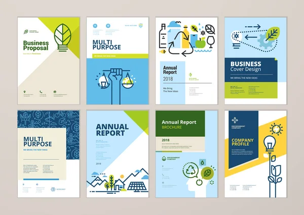 Conjunto Brochuras Relatórios Anuais Abrange Modelos Concepção Natureza Tecnologia Verde —  Vetores de Stock