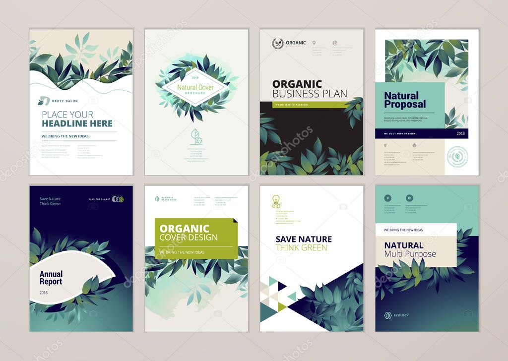 Set of brochure and annual report cover design templates on the subject of nature, environment and organic products. Vector illustrations for flyer layout, marketing material, magazines, presentations