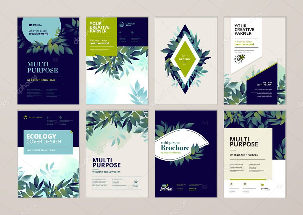 Set of brochure and annual report cover design templates on the subject of nature, environment and organic products. Vector illustrations for flyer layout, marketing material, magazines, presentations