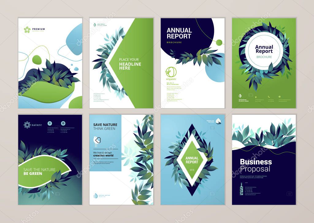Set of brochure and annual report cover design templates on the subject of nature, environment and organic products. Vector illustrations for flyer layout, marketing material, magazines, presentations