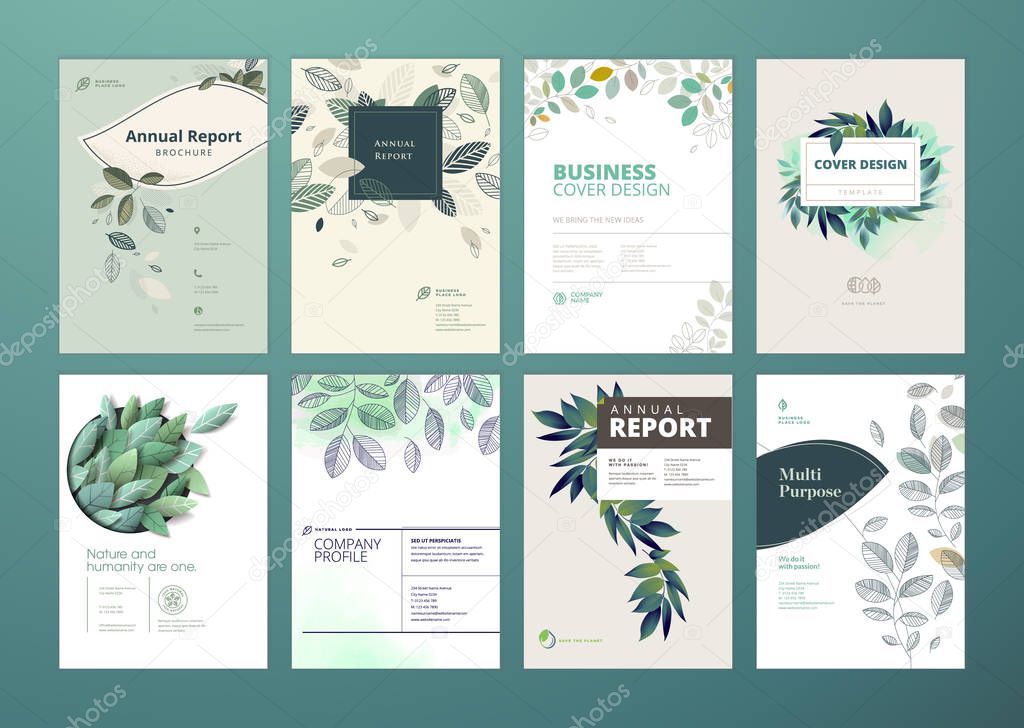 Set of brochure and annual report cover design templates on the subject of nature, environment and organic products. Vector illustrations for flyer layout, marketing material, magazines, presentations