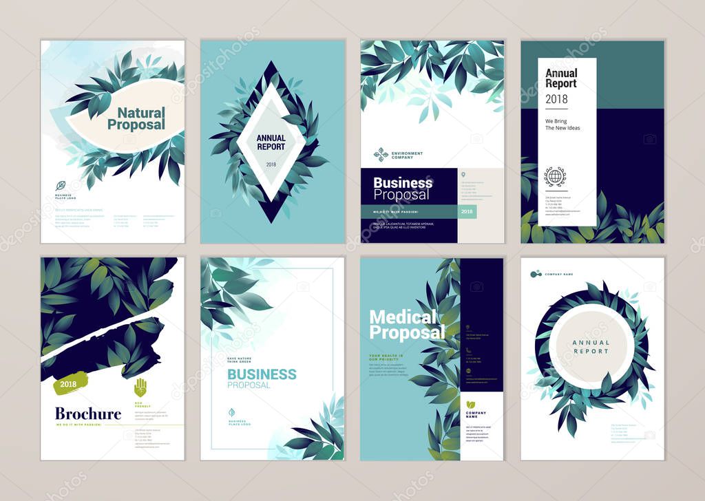 Set of brochure and annual report cover design templates on the subject of nature, environment and organic products. Vector illustrations for flyer layout, marketing material, magazines, presentations