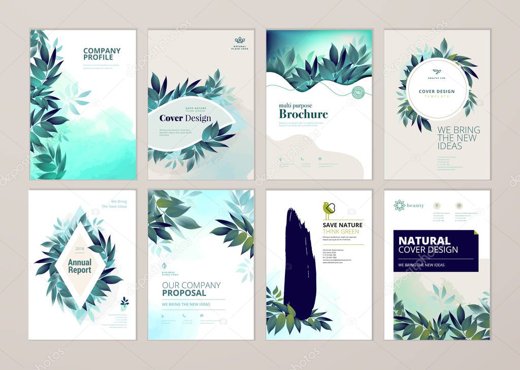 Set of brochure and annual report cover design templates on the subject of nature, environment and organic products. Vector illustrations for flyer layout, marketing material, magazines, presentations