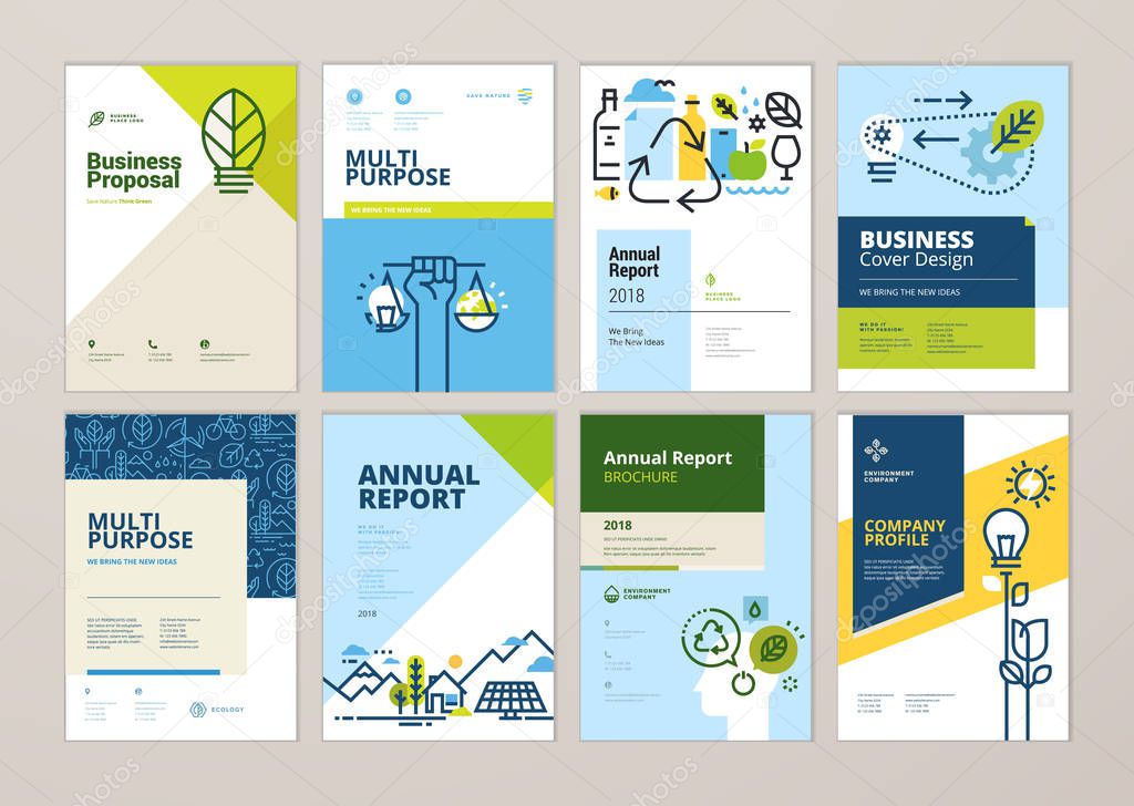 Set of brochure and annual report cover design templates of nature, green technology, renewable energy, sustainable development, environment. Vector illustrations for flyer layout, marketing material.