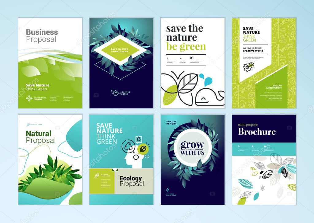 Set of brochure and annual report cover design templates on the subject of nature, environment and organic products. Vector illustrations for flyer layout, marketing material, magazines, presentations