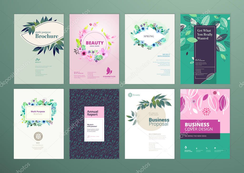 Set of natural product brochure, annual report, flyer design templates in A4 size. Vector illustrations for beauty, organic products and cosmetics presentation, document cover and layout template designs.