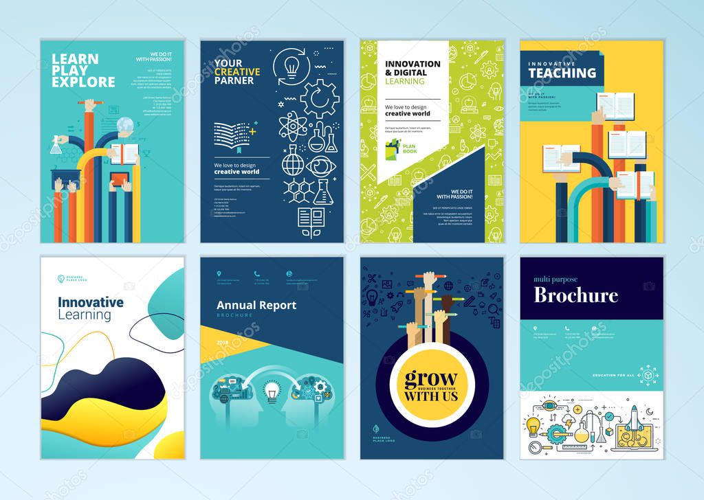 Set of brochure design templates on the subject of education, school, online learning. Vector illustrations for flyer layout, marketing material, annual report cover, presentation template.