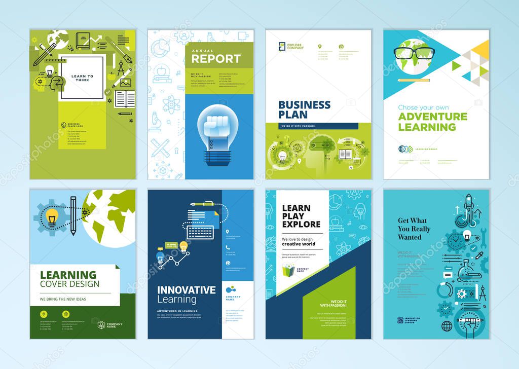 Set of brochure design templates on the subject of education, school, online learning. Vector illustrations for flyer layout, marketing material, annual report cover, presentation template.