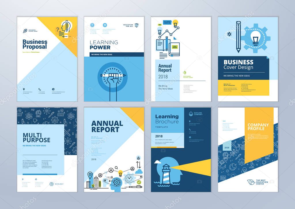 Set of brochure design templates on the subject of education, school, online learning. Vector illustrations for flyer layout, marketing material, annual report cover, presentation template.