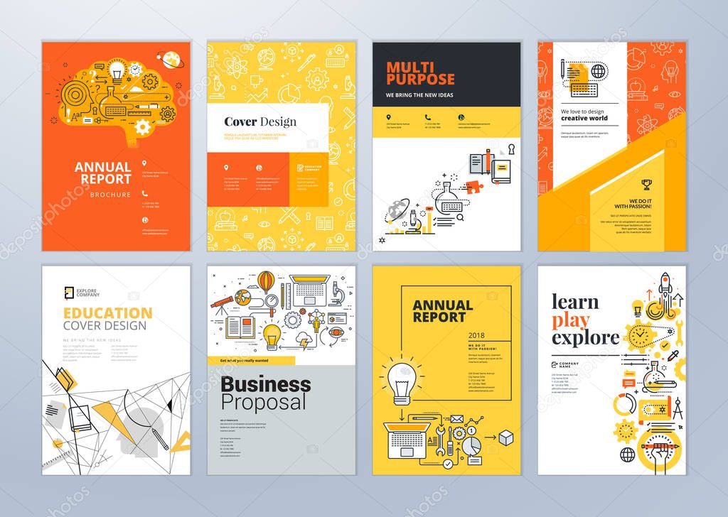 Set of brochure design templates on the subject of education, school, online learning. Vector illustrations for flyer layout, marketing material, annual report cover, presentation template.