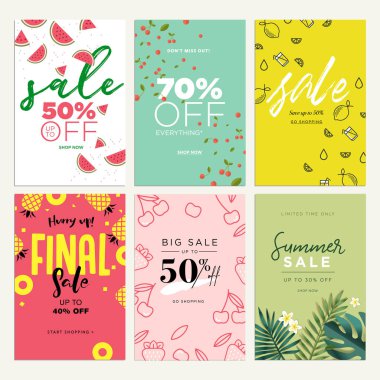 Göz alıcı yaz Satılık mobil afişler, reklamlar ve afişler koleksiyonu. Vektör çizimler kavramı alışveriş, e-ticaret, internet reklam, sosyal medya reklamlar ve afişler, pazarlama malzemesi için.