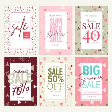 Mobil reklamlar ve afişler kümesi. Satış afiş yaz. Vektör çizimler kavramı online alışveriş, e-ticaret, internet reklam, sosyal medya reklamlar ve afişler, pazarlama malzemesi için.