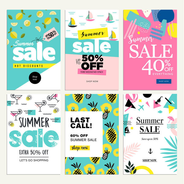 Set of mobile summer sale banners. Vector illustrations of online shopping ads, posters, newsletter designs, coupons, social media banners and marketing material.