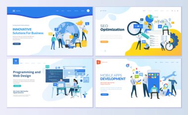 Web sayfası tasarım şablonları. Web sitesi ve mobil web sitesi geliştirme, SEO, mobil uygulamalar, iş çözümleri için modern vektör illüstrasyon kavramları. Düzenlemesi ve kişiselleştirmesi kolay.