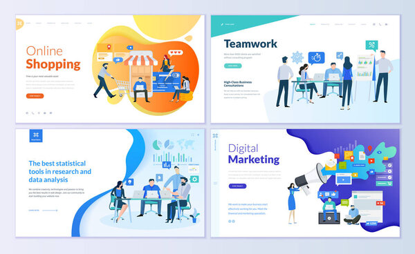 Set of web page design templates for online shopping, digital marketing, teamwork, business strategy and analytics. Modern vector illustration concepts for website and mobile website development. 