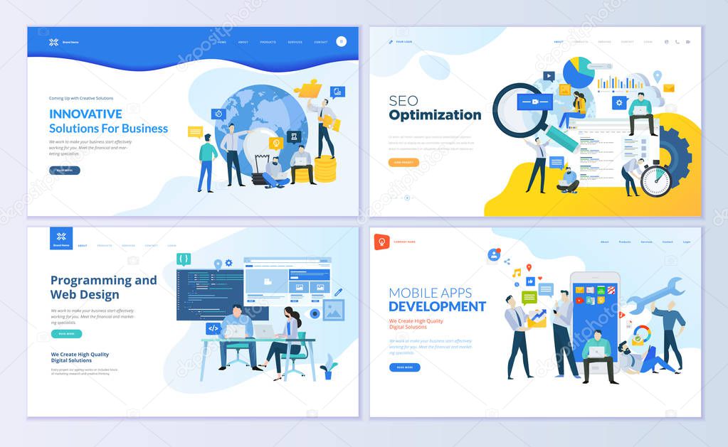 Set of web page design templates. Modern vector illustration concepts for website and mobile website development, SEO, mobile apps, business solutions. Easy to edit and customize.