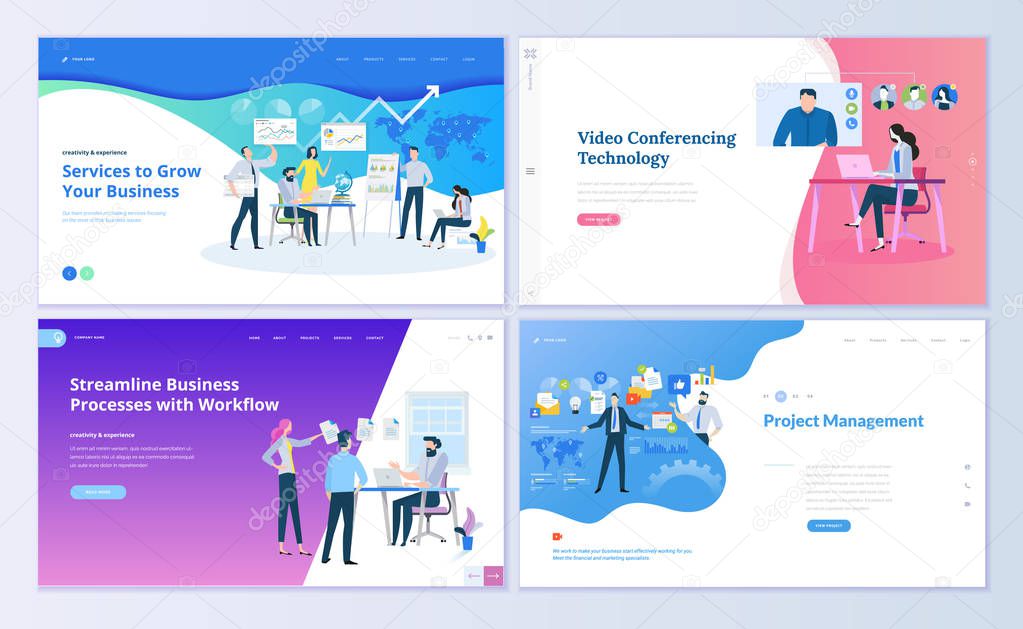 Set of web page design templates for project management, business communication, workflow and consulting. Modern vector illustration concepts for website and mobile website development.