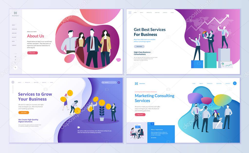 Set of web page design templates for business, finance and marketing. Modern vector illustration concepts for website and mobile website development. Easy to edit and customize.