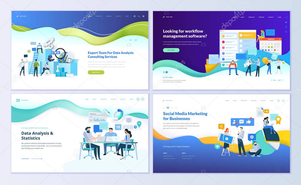 Set of web page design templates for data analysis, management app, consulting, social media marketing. Modern vector illustration concepts for website and mobile website development. Easy to edit and customize.