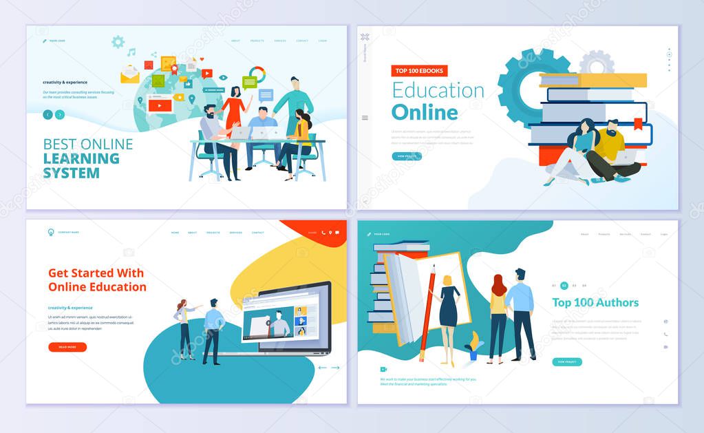 Set of web page design templates for e-learning, online education, e-book. Modern vector illustration concepts for website and mobile website development. 