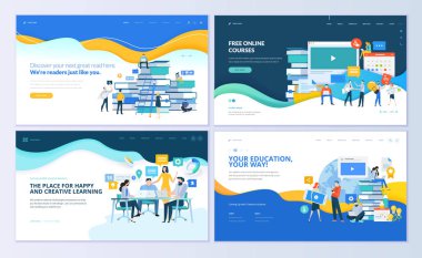 Uzaktan Eğitim, online kurslar, e-öğrenme, eğitim için web sayfası tasarım şablonları kümesi. Modern vektör illüstrasyon kavramlar Web sitesi ve mobil web sitesi geliştirme için. 