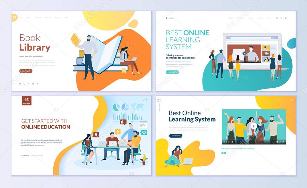 Set of web page design templates for book library, online learning, education. Modern vector illustration concepts for website and mobile website development.